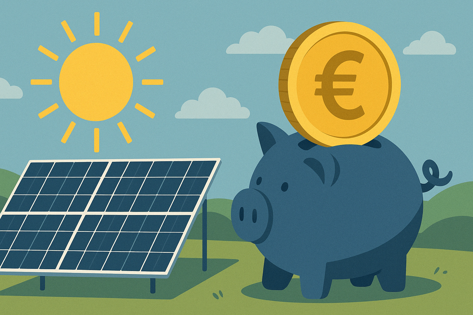 combien économiser avec des panneaux solaires. Image représentée par un panneau solaire, le soleil et un cochon gris sous forme de tirelire avec une pièce en euro jaune